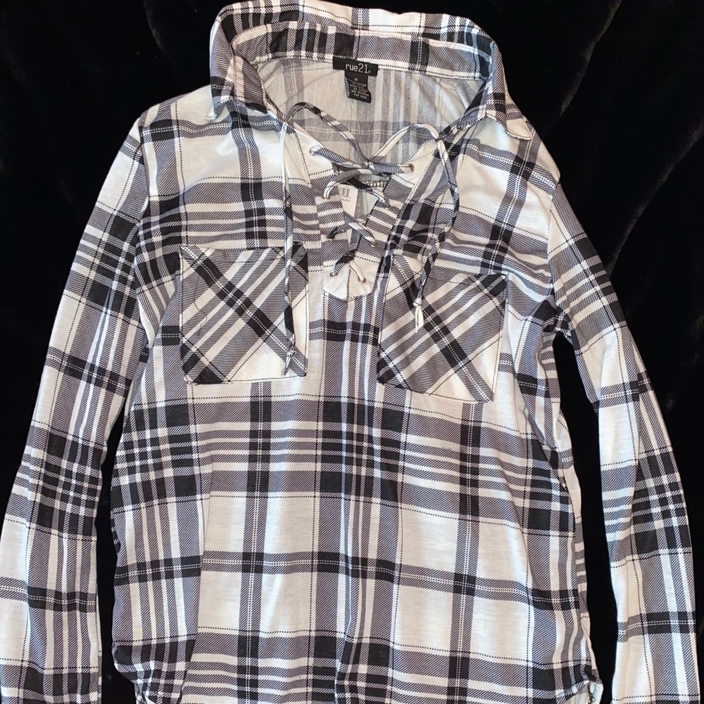 Long sleeved collared Black and white Plaid shirt